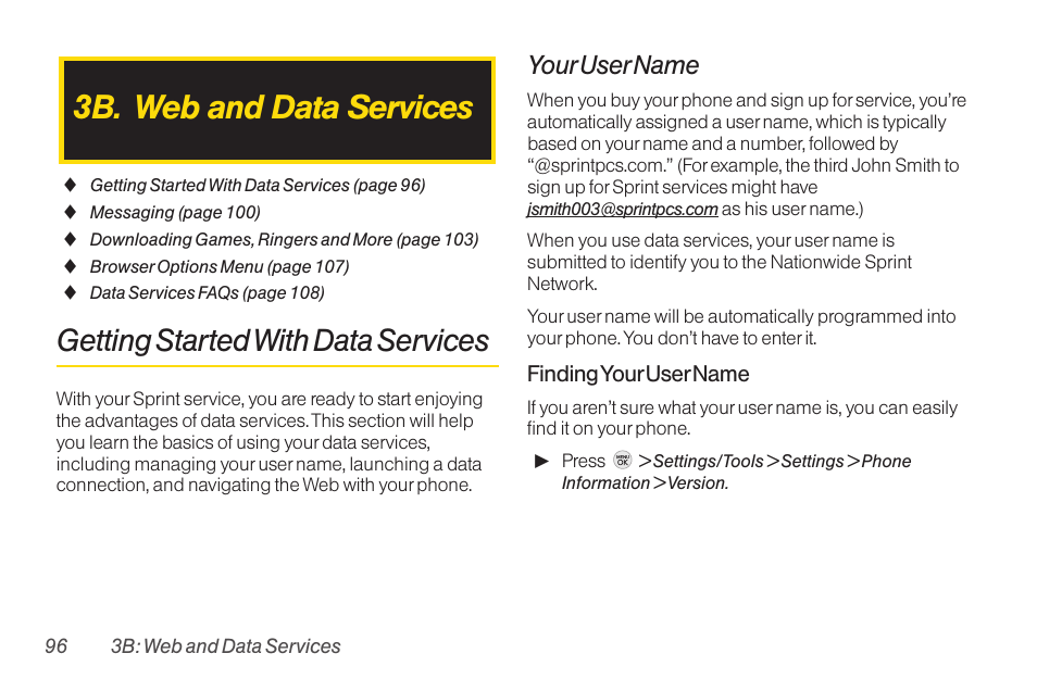 3b. web and data services, Getting started with data services, Your user name | TOA Electronics LG LX290 User Manual | Page 108 / 141