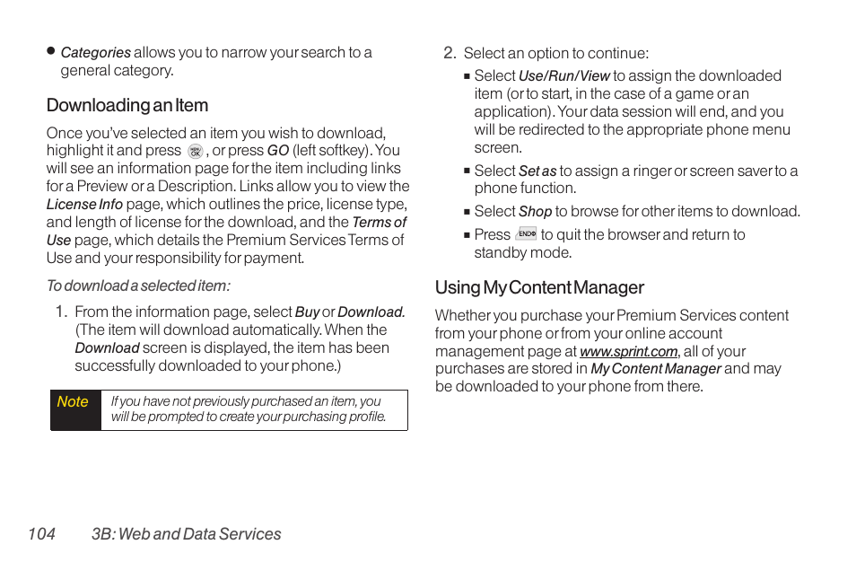 Downloading an item, Using my content manager | TOA Electronics LG LX290 User Manual | Page 116 / 141