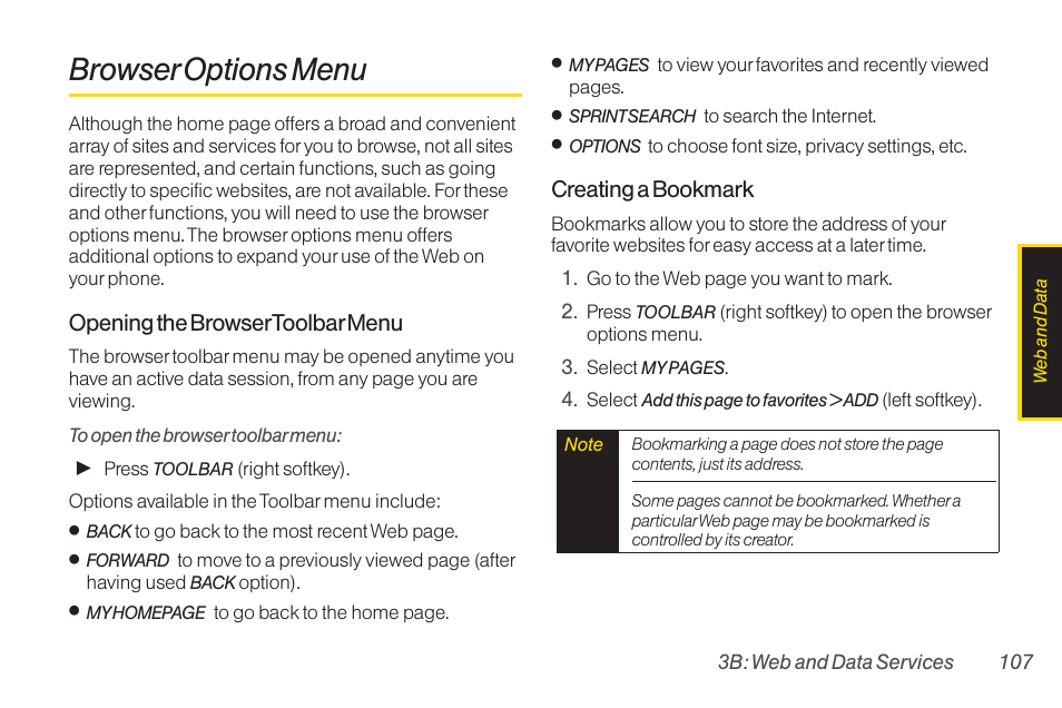 Browser options menu, Opening the browser toolbar menu, Creating a bookmark | TOA Electronics LG LX290 User Manual | Page 119 / 141