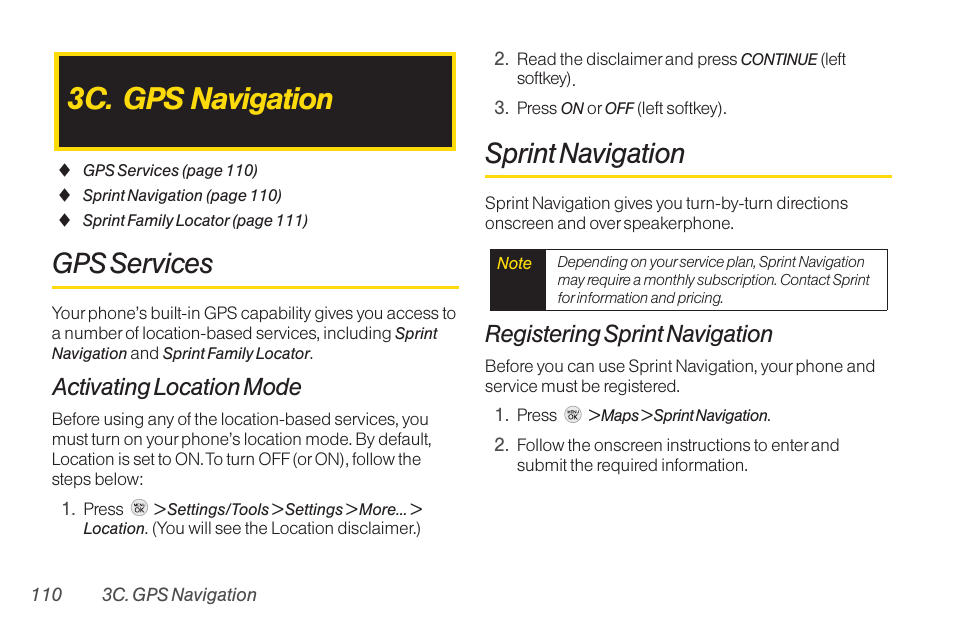 3c. gps navigation, Gps services, Sprint navigation | Activating location mode, Registering sprint navigation | TOA Electronics LG LX290 User Manual | Page 122 / 141