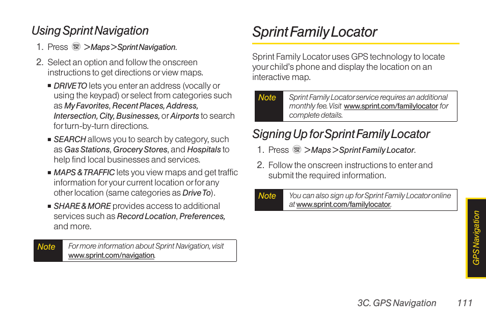 Sprint family locator, Using sprint navigation, Signing up for sprint family locator | TOA Electronics LG LX290 User Manual | Page 123 / 141