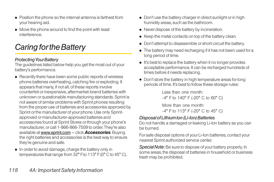 Caring for the battery | TOA Electronics LG LX290 User Manual | Page 130 / 141