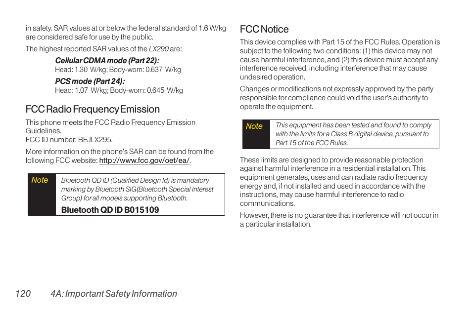 Fcc radio frequency emission, Fcc notice | TOA Electronics LG LX290 User Manual | Page 132 / 141
