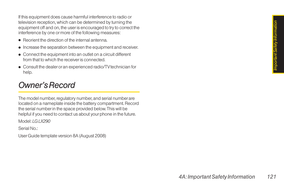 Owner’s record | TOA Electronics LG LX290 User Manual | Page 133 / 141
