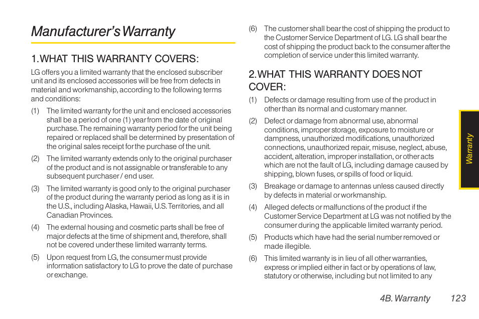 Manufacturer’s warranty, What this warranty covers, What this warranty does not cover | TOA Electronics LG LX290 User Manual | Page 135 / 141