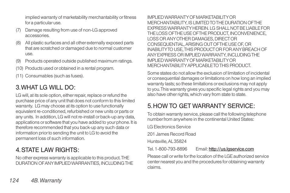 What lg will do, State law rights, How to get warranty service | TOA Electronics LG LX290 User Manual | Page 136 / 141