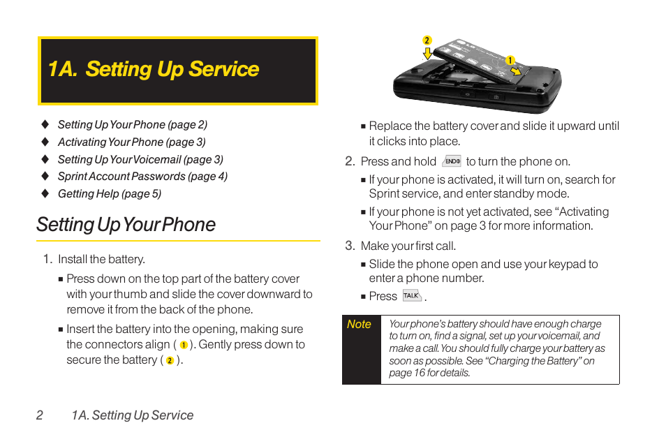 1a. setting up service, Setting up your phone | TOA Electronics LG LX290 User Manual | Page 14 / 141