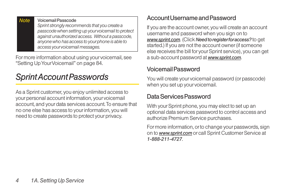 Sprint account passwords | TOA Electronics LG LX290 User Manual | Page 16 / 141
