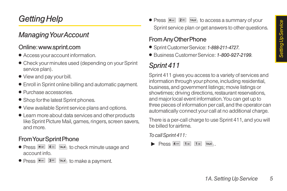 Getting help, Managing your account, Sprint 411 | TOA Electronics LG LX290 User Manual | Page 17 / 141