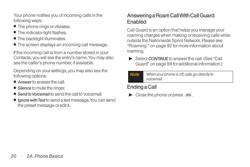 Answering a roam call with call guard enabled, Ending a call | TOA Electronics LG LX290 User Manual | Page 32 / 141