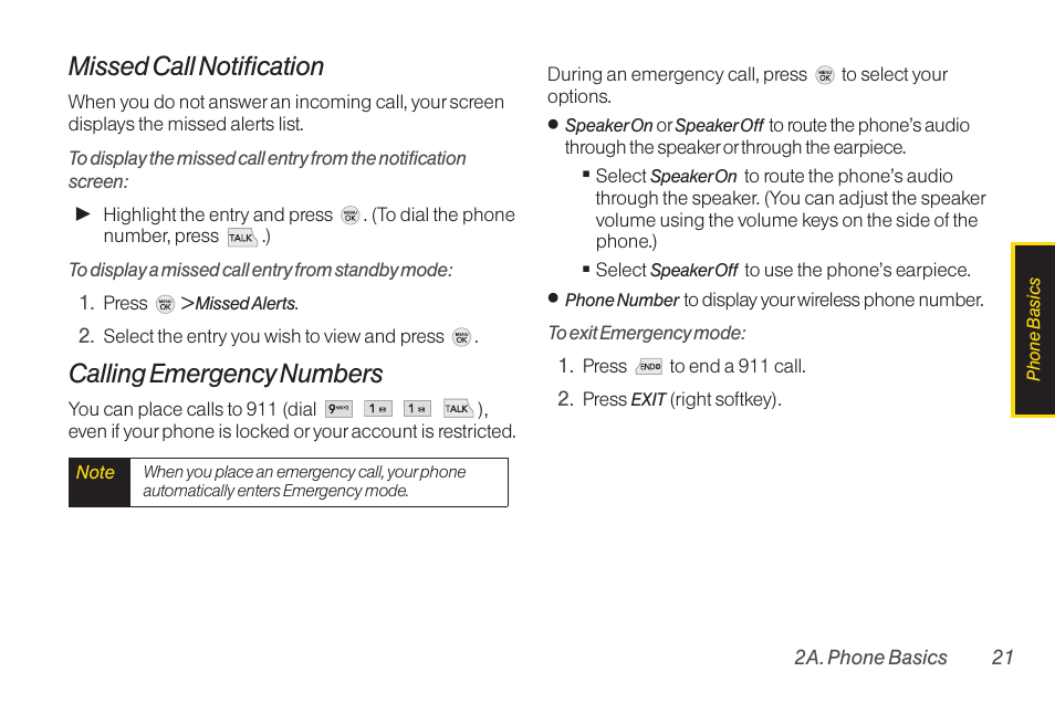 Missed call notification, Calling emergency numbers | TOA Electronics LG LX290 User Manual | Page 33 / 141