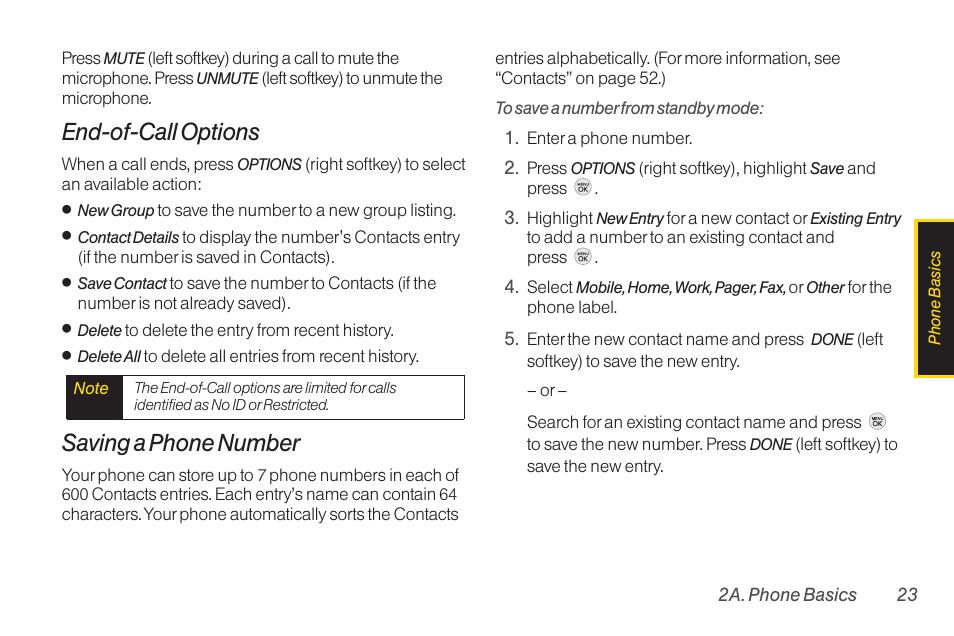End-of-call options, Saving a phone number | TOA Electronics LG LX290 User Manual | Page 35 / 141