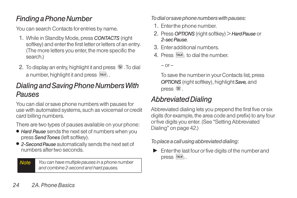Finding a phone number, Dialing and saving phone numbers with pauses, Abbreviated dialing | TOA Electronics LG LX290 User Manual | Page 36 / 141