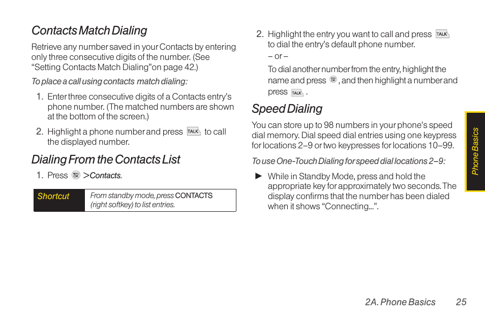 Contacts match dialing, Dialing from the contacts list, Speed dialing | TOA Electronics LG LX290 User Manual | Page 37 / 141