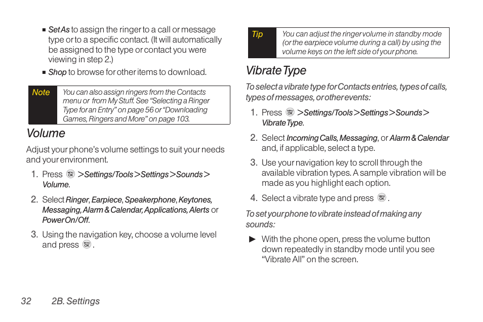 Volume, Vibrate type | TOA Electronics LG LX290 User Manual | Page 44 / 141