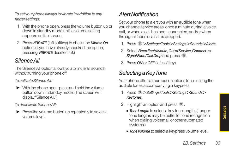 Silence all, Alert notification, Selecting a key tone | TOA Electronics LG LX290 User Manual | Page 45 / 141
