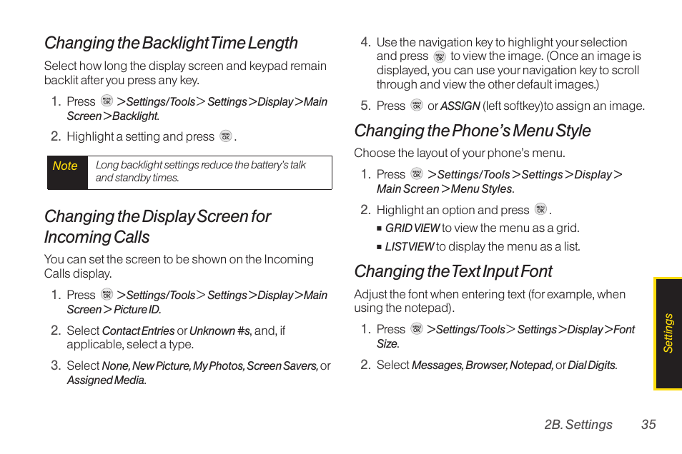 Changing the backlighttime length, Changing the display screen for incoming calls, Changing the phone’s menu style | Changing the text input font | TOA Electronics LG LX290 User Manual | Page 47 / 141