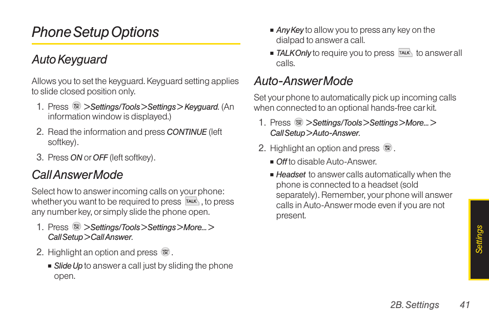 Phone setup options, Auto keyguard, Call answer mode | Auto-answer mode | TOA Electronics LG LX290 User Manual | Page 53 / 141