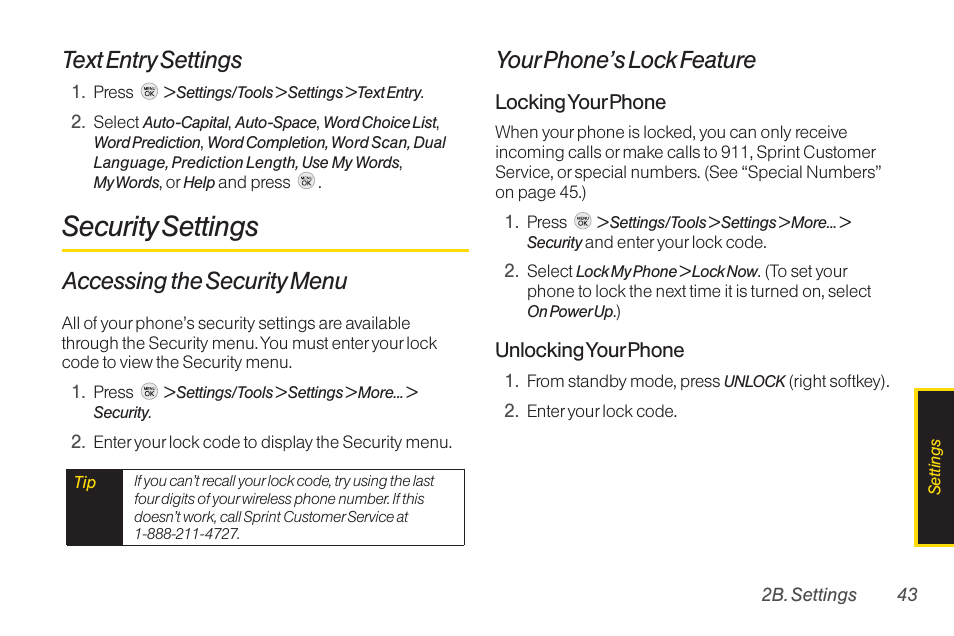 Security settings, Text entry settings, Accessing the security menu | Your phone’s lock feature | TOA Electronics LG LX290 User Manual | Page 55 / 141
