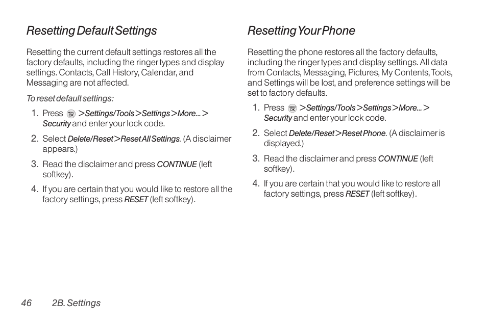 Resetting default settings, Resetting your phone | TOA Electronics LG LX290 User Manual | Page 58 / 141
