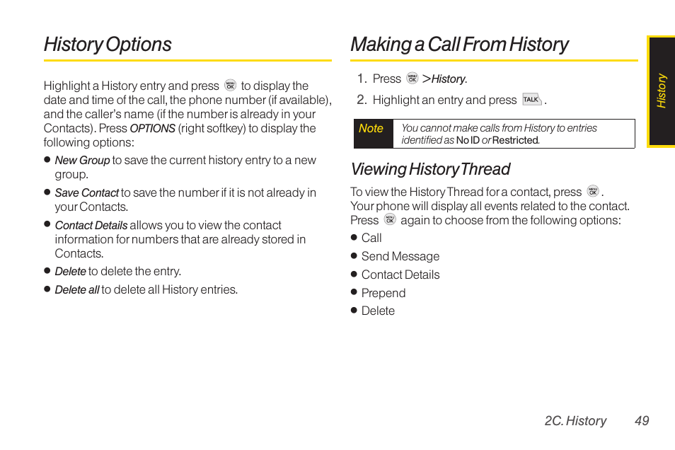 History options, Making a call from history, Viewing history thread | TOA Electronics LG LX290 User Manual | Page 61 / 141