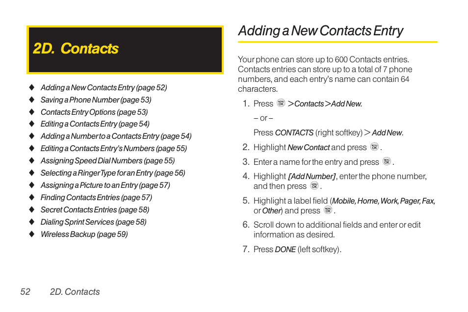 2d. contacts, Adding a new contacts entry | TOA Electronics LG LX290 User Manual | Page 64 / 141