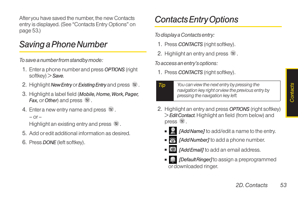 Saving a phone number, Contacts entry options | TOA Electronics LG LX290 User Manual | Page 65 / 141