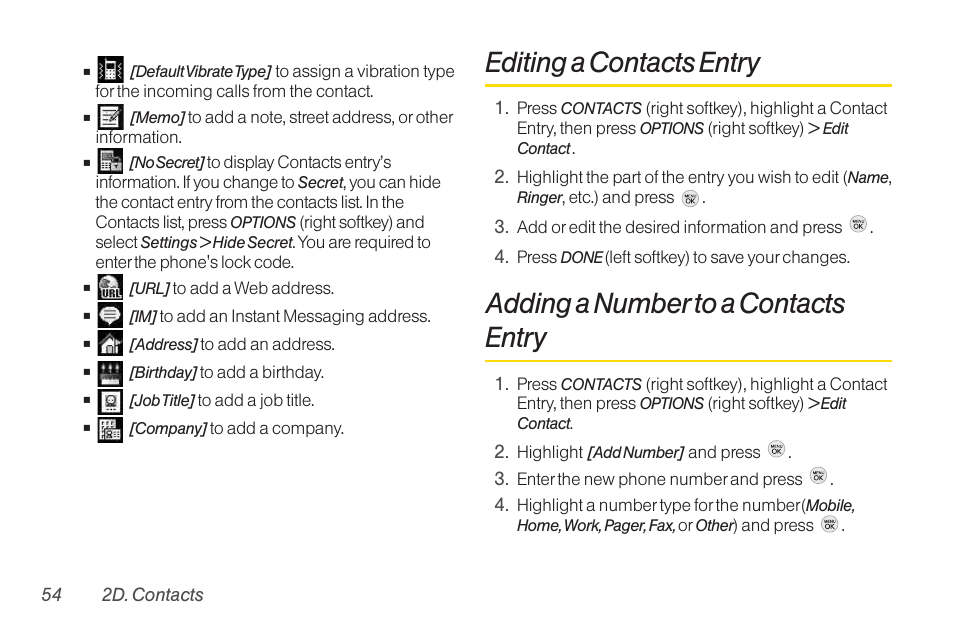 Editing a contacts entry, Adding a number to a contacts entry | TOA Electronics LG LX290 User Manual | Page 66 / 141