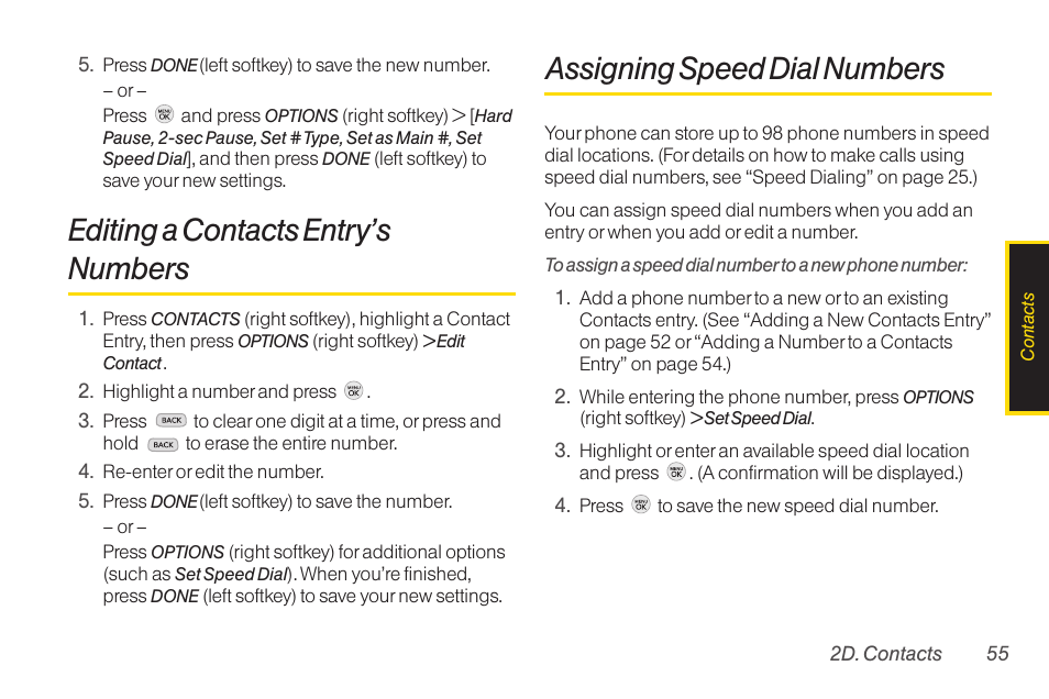 Editing a contacts entry’s numbers, Assigning speed dial numbers, Adding a number to a contacts entry | TOA Electronics LG LX290 User Manual | Page 67 / 141