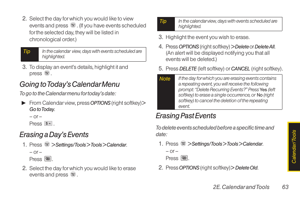 Going to today’s calendar menu, Erasing a day’s events, Erasing past events | TOA Electronics LG LX290 User Manual | Page 75 / 141