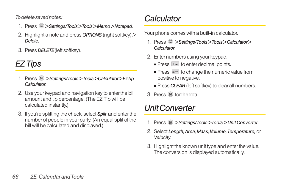 Ez tips, Calculator, Unit converter | TOA Electronics LG LX290 User Manual | Page 78 / 141