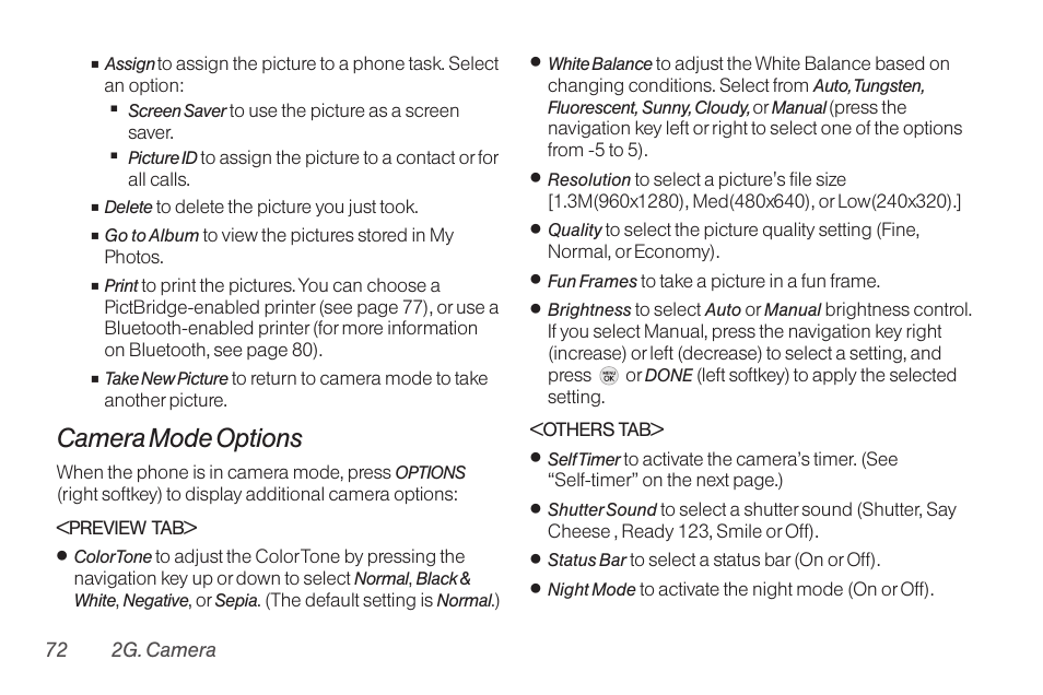 Camera mode options | TOA Electronics LG LX290 User Manual | Page 84 / 141
