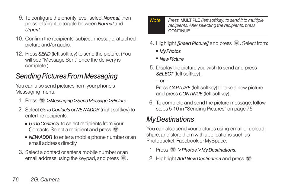 Sending pictures from messaging, My destinations | TOA Electronics LG LX290 User Manual | Page 88 / 141