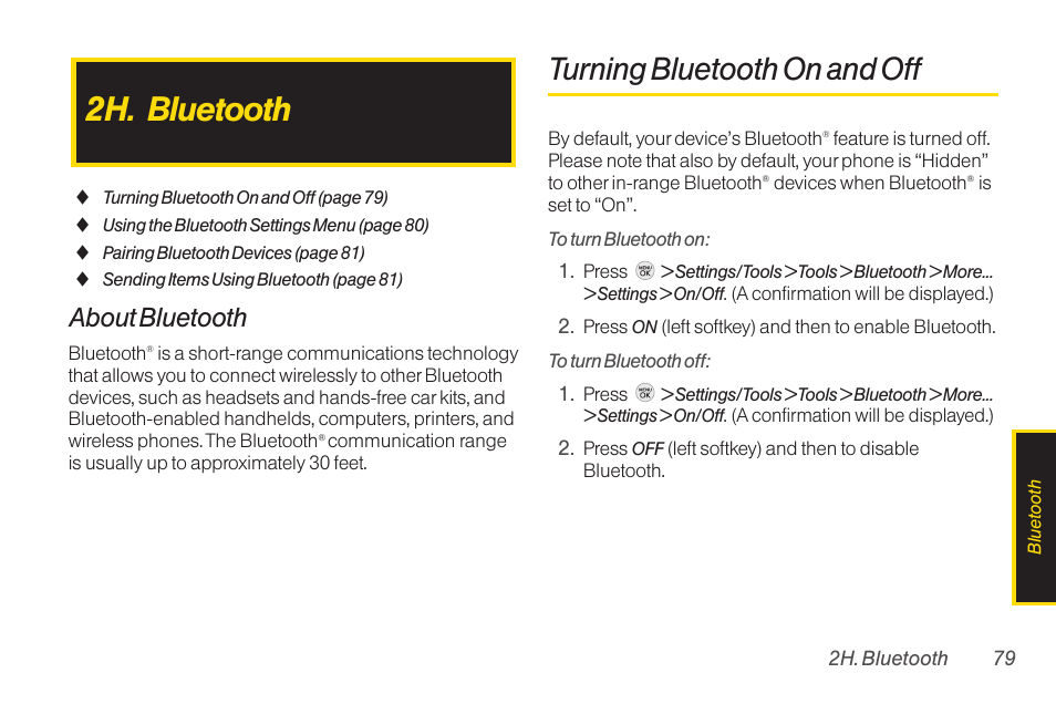 2h. bluetooth, Turning bluetooth on and off, About bluetooth | TOA Electronics LG LX290 User Manual | Page 91 / 141