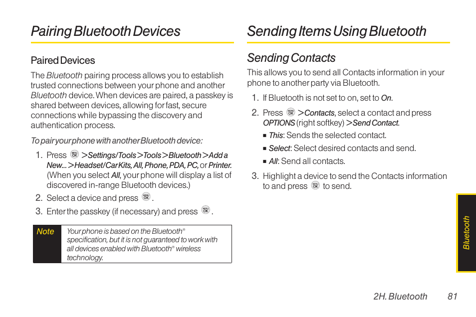 Pairing bluetooth devices, Sending items using bluetooth, Sending contacts | TOA Electronics LG LX290 User Manual | Page 93 / 141