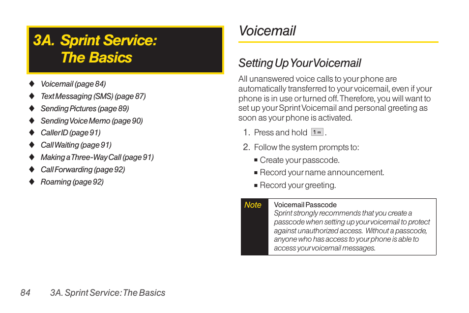 3a. sprint service: the basics, Voicemail, Setting up your voicemail | TOA Electronics LG LX290 User Manual | Page 96 / 141