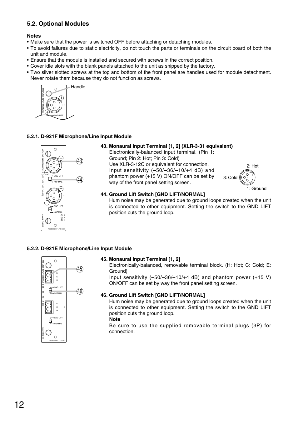 Optional modules, Hot 1: ground 3: cold, Handle | TOA Electronics D-901 User Manual | Page 12 / 94