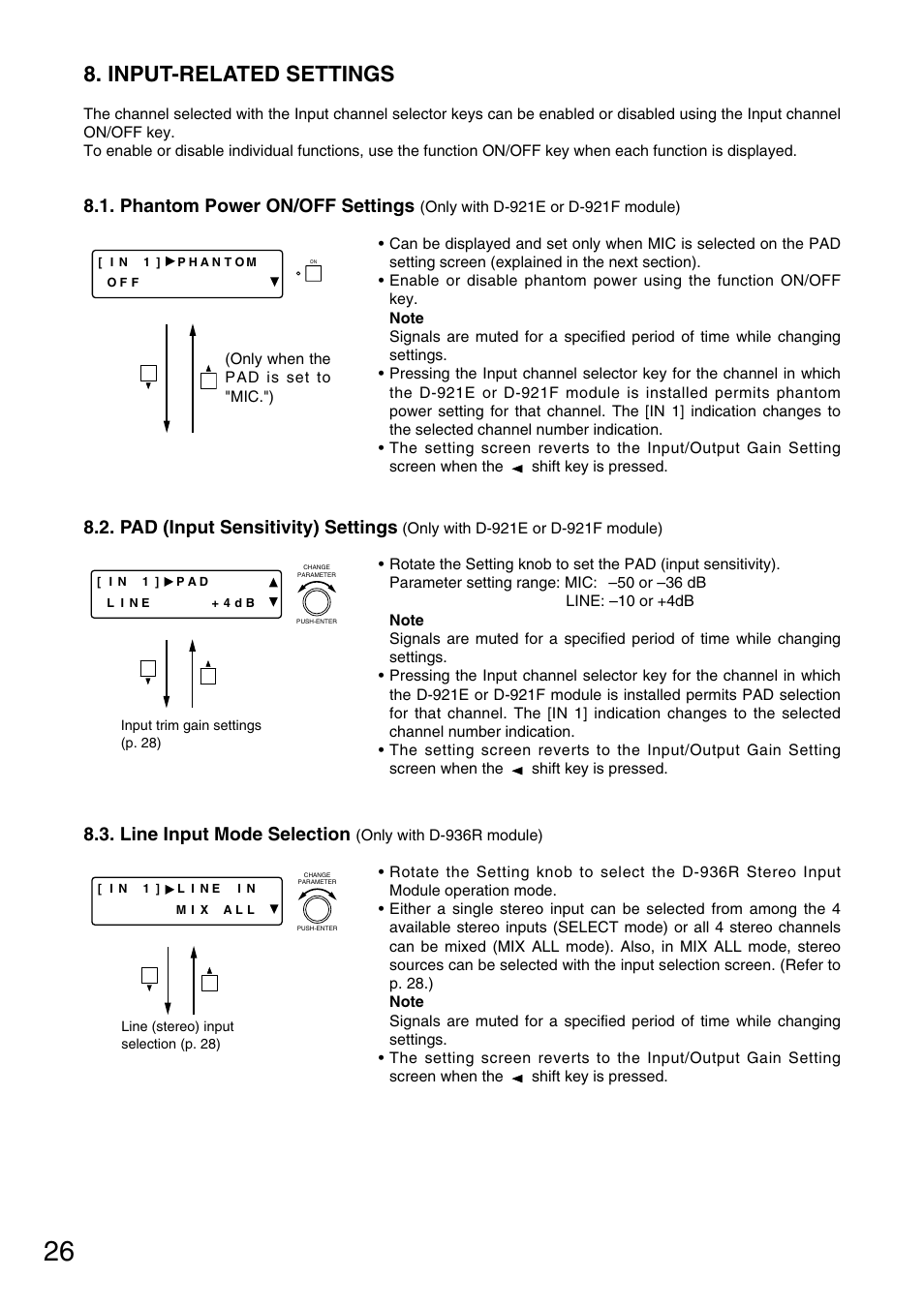 Input-related settings, Phantom power on/off settings, Pad (input sensitivity) settings | Line input mode selection | TOA Electronics D-901 User Manual | Page 26 / 94