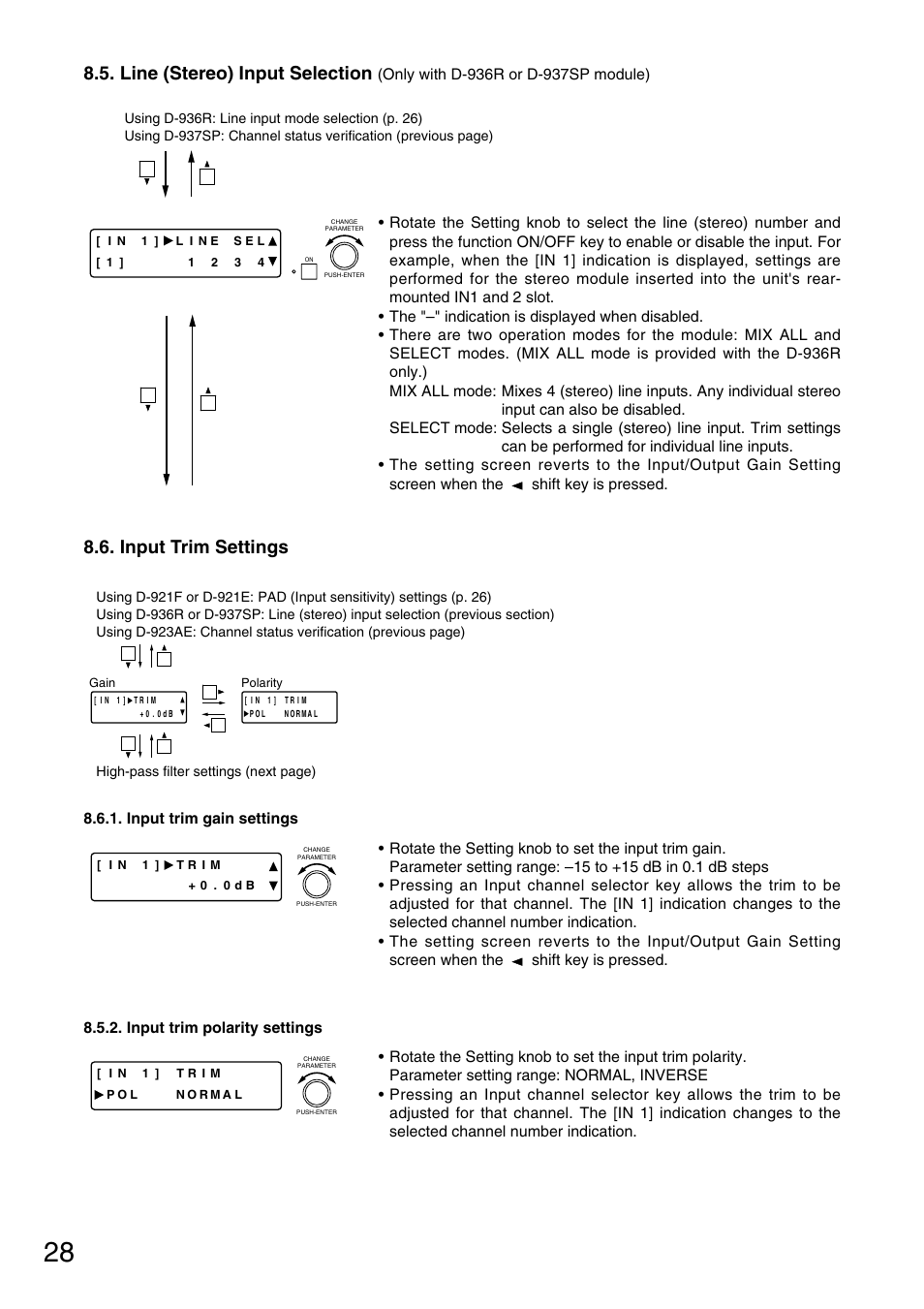 Line (stereo) input selection, Input trim settings | TOA Electronics D-901 User Manual | Page 28 / 94