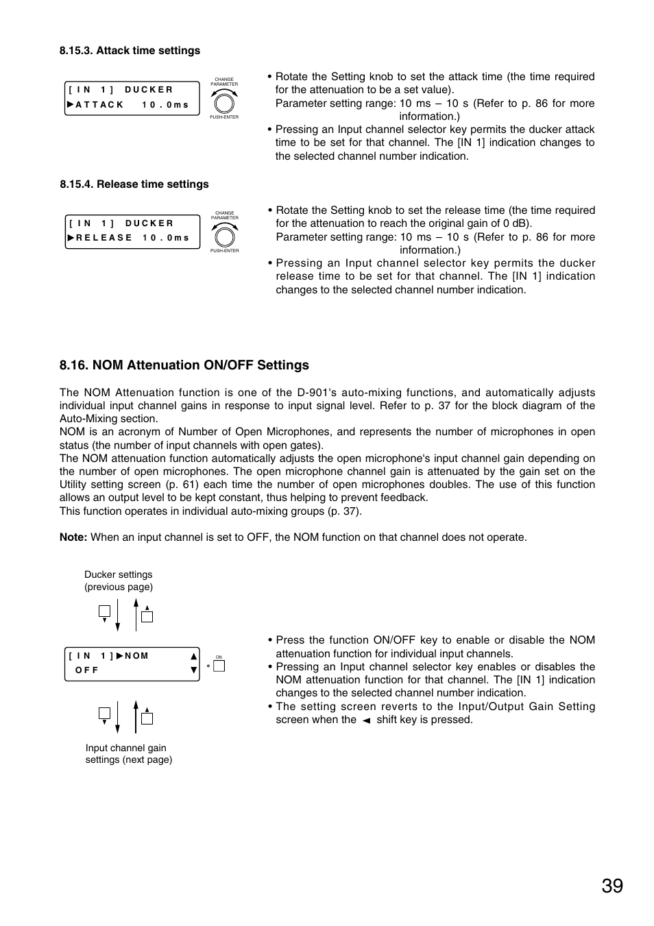 Nom attenuation on/off settings | TOA Electronics D-901 User Manual | Page 39 / 94