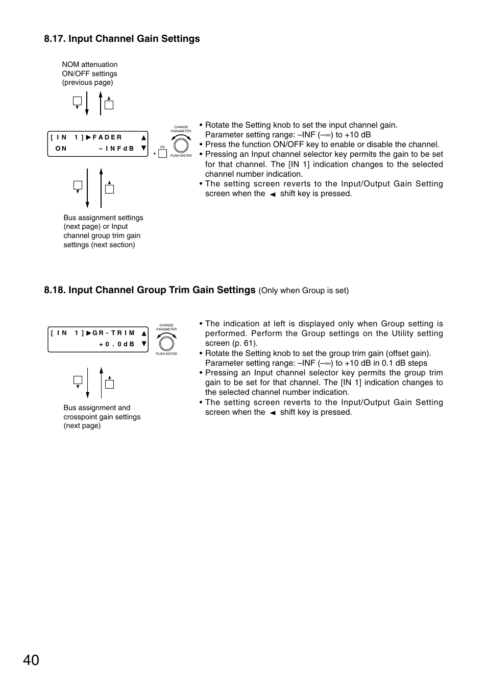 Input channel gain settings, Input channel group trim gain settings | TOA Electronics D-901 User Manual | Page 40 / 94