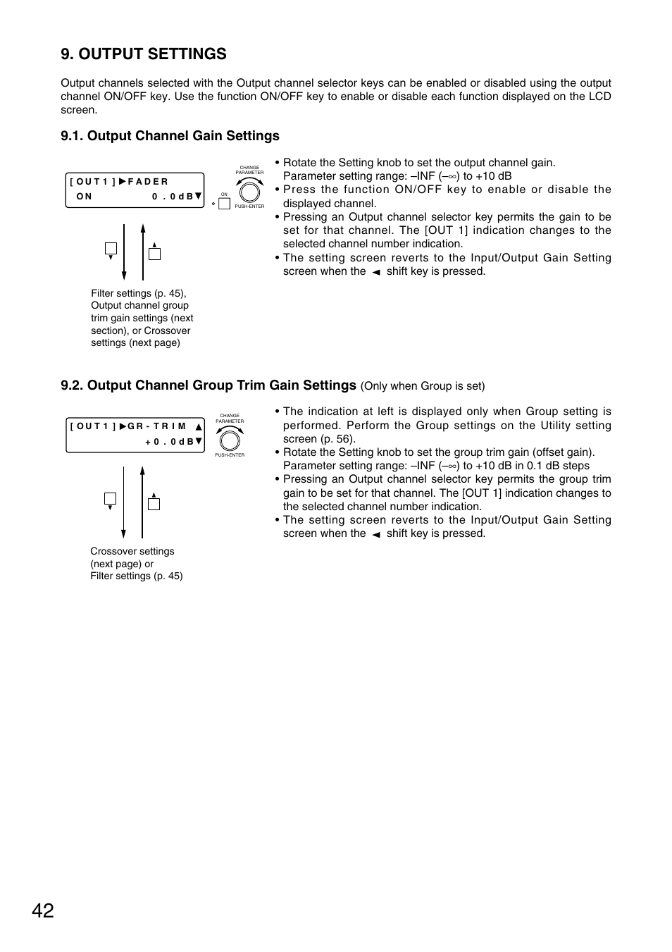 Output settings, Output channel gain settings, Output channel group trim gain settings | TOA Electronics D-901 User Manual | Page 42 / 94