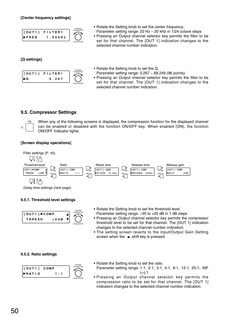 Compressor settings, Q settings, Threshold level settings | TOA Electronics D-901 User Manual | Page 50 / 94