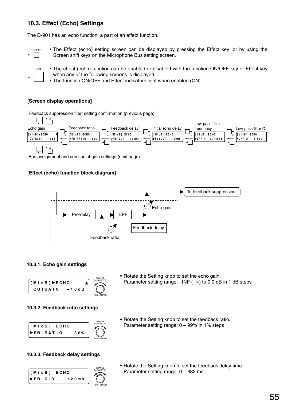 Effect (echo) settings, Echo gain settings, Screen display operations | Effect (echo) function block diagram | TOA Electronics D-901 User Manual | Page 55 / 94