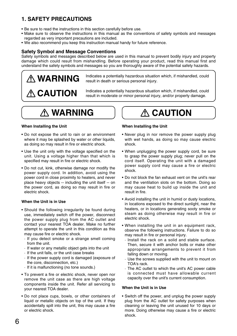 Warning, Warning caution caution, Safety precautions | TOA Electronics D-901 User Manual | Page 6 / 94