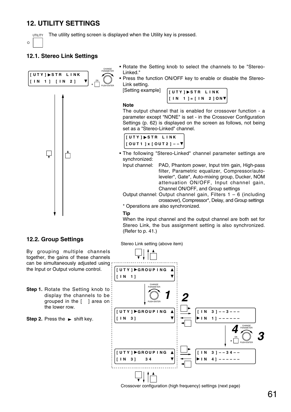 Utility settings, Stereo link settings, Group settings | TOA Electronics D-901 User Manual | Page 61 / 94