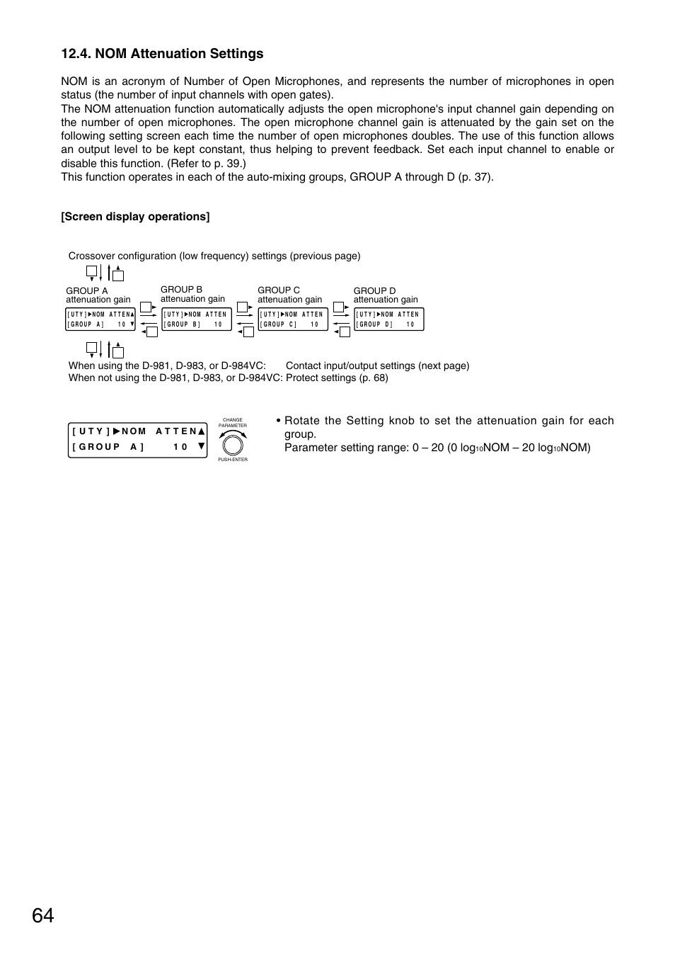 Nom attenuation settings, Nom – 20 log, Nom) | Screen display operations | TOA Electronics D-901 User Manual | Page 64 / 94