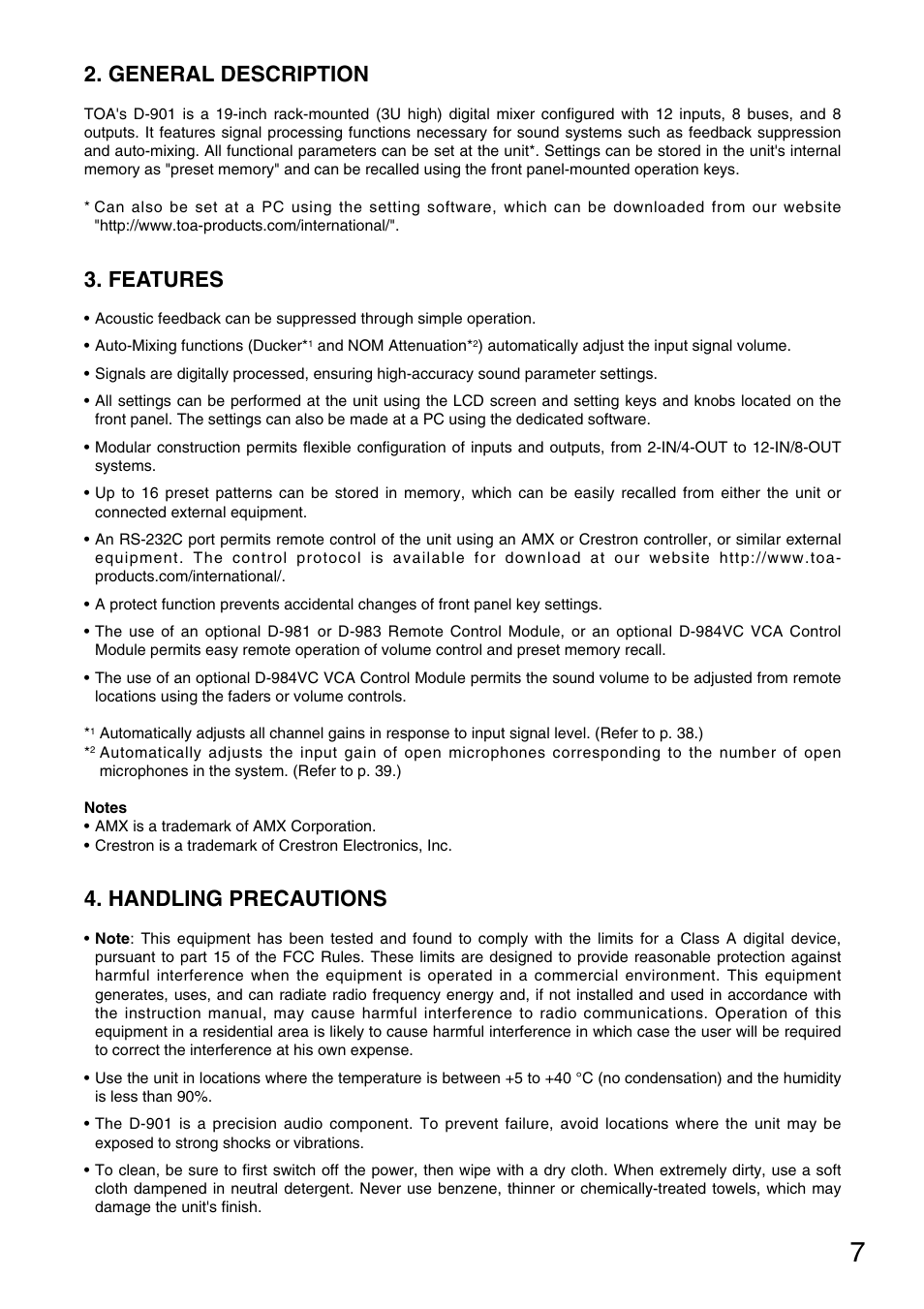 General description, Features, Handling precautions | TOA Electronics D-901 User Manual | Page 7 / 94