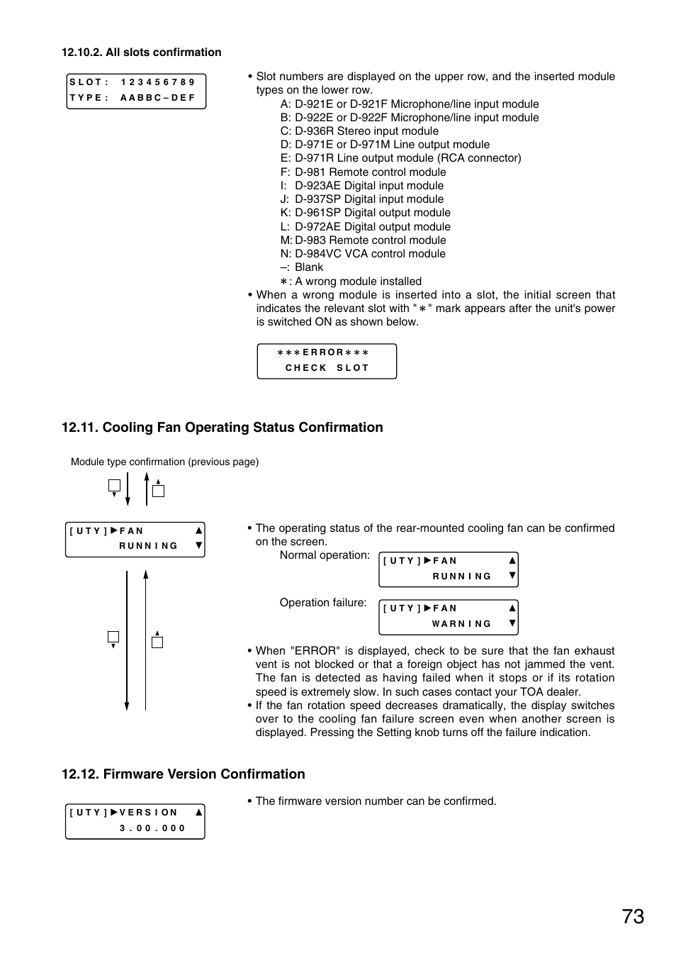 Cooling fan operating status confirmation, Firmware version confirmation | TOA Electronics D-901 User Manual | Page 73 / 94