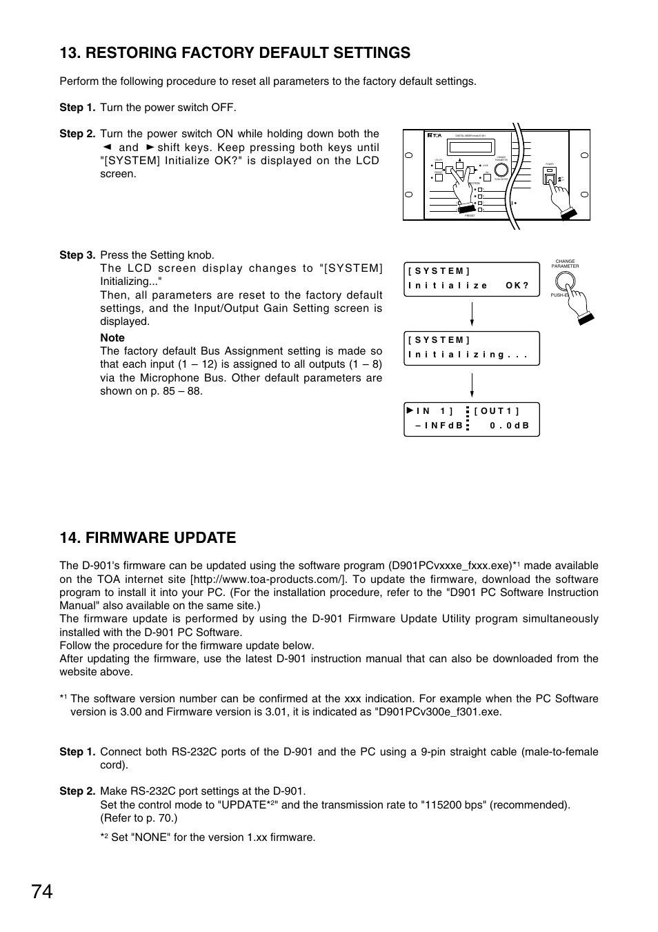 Restoring factory default settings, Firmware update, Set "none" for the version 1.xx firmware | TOA Electronics D-901 User Manual | Page 74 / 94